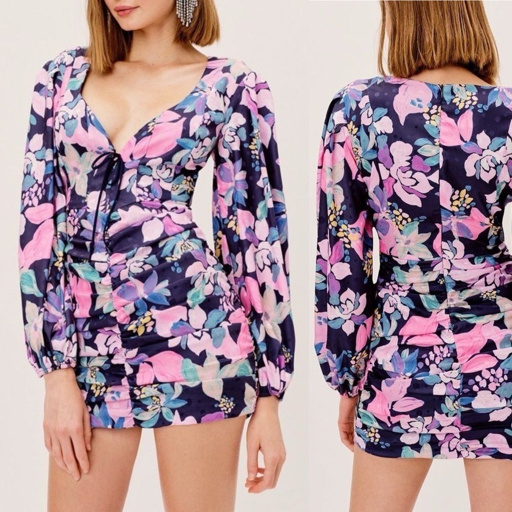 For Love & Lemons Navy Wyatt Floral Mini Dress Flowers V Neck Bow Size XS Short